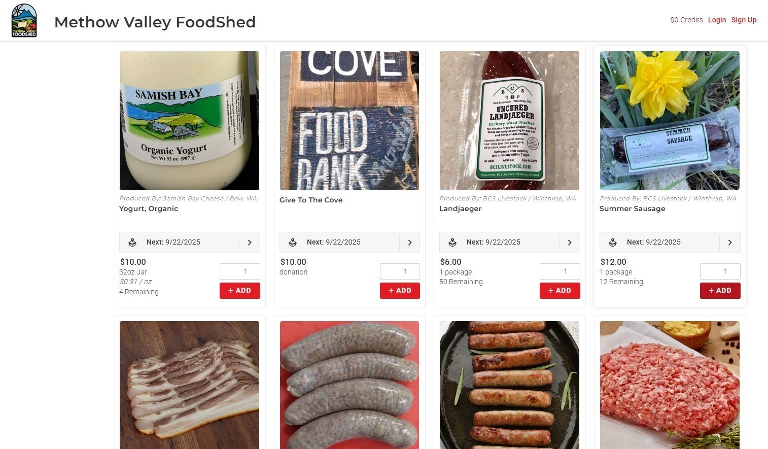 Methow Valley FoodShed online grocery store webpage showing product listings