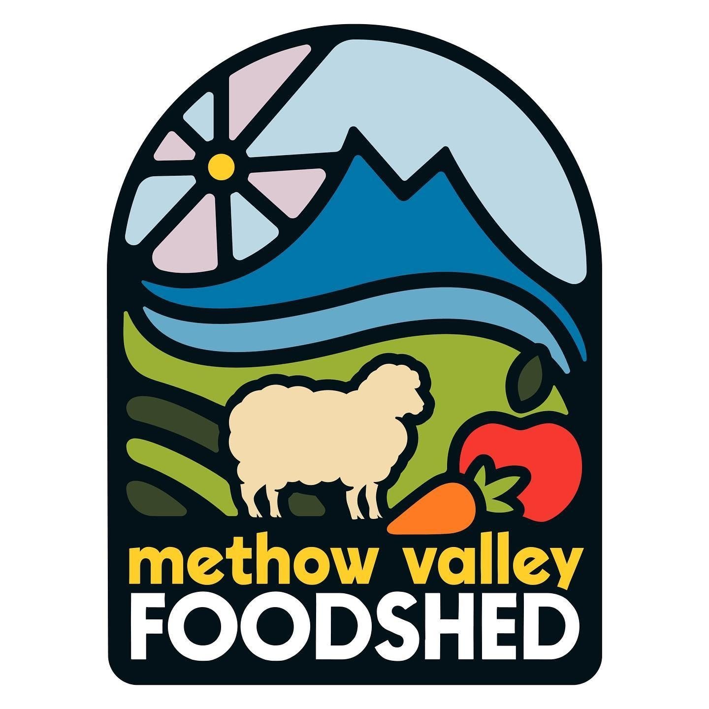 Methow Valley FoodShed logo featuring mountains, river, sheep, and apples